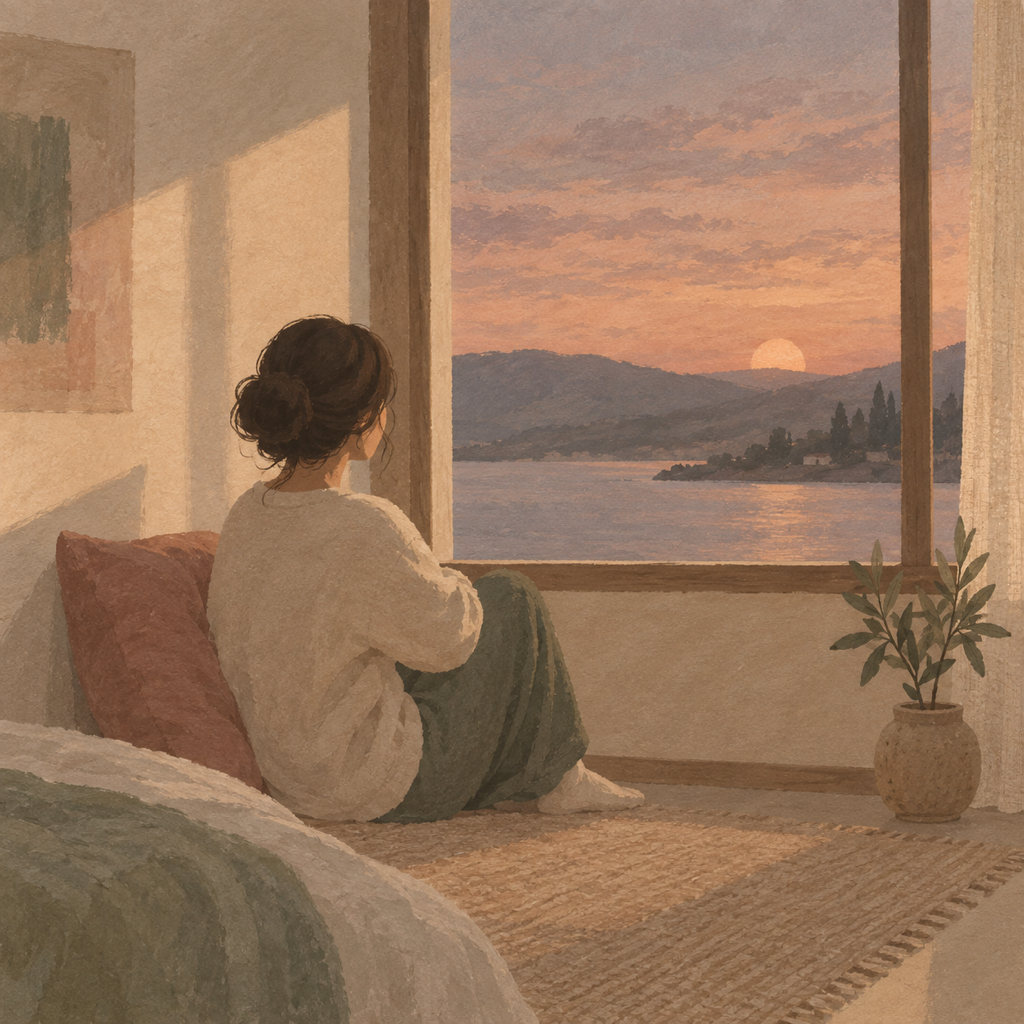 A person sitting quietly beside an open window at dawn